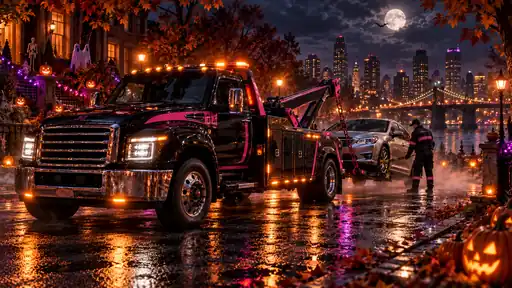 J1, Jonny’s black-and-pink wrecker, towing a secured silver car on a city street