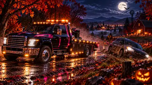 J20, Jonny’s black-and-pink flatbed, winching a stuck crossover from a roadside shoulder