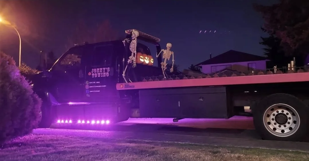 Halloween decorated Jonny's Towing truck